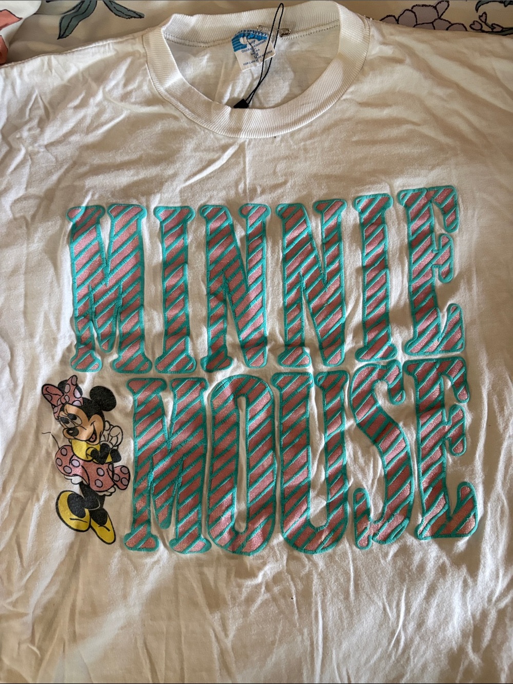 Vintage 90s Disney White Minnie Mouse Graphic Tee with Pink & Teal Lettering